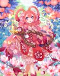  1girl assistance_maiden_lucie braid butterfly cardfight!!_vanguard company_name flower flower-shaped_pupils food fruit hair_flower hair_ornament jewelry leaf long_hair necklace official_art open_mouth peach pink_hair scissors solo sptuel teeth violet_eyes 