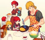  2boys 3girls apron blue_eyes braid cereal child chuu cooking family food french_braid gradient gradient_background green_background green_eyes hair_ornament hairclip if_they_mated jaune_arc ketchup light_smile multiple_boys multiple_girls omelet polka_dot polka_dot_apron pregnant pyrrha_nikos rwby simple_background smile spoon tan_background teeth 