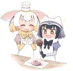  +_+ 2girls animal_ears black_hair blonde_hair blush bow bowtie bread common_raccoon_(kemono_friends) fennec_(kemono_friends) food fox_ears gloves hat holding japari_bun japari_symbol kemono_friends multicolored_hair multiple_girls open_mouth raccoon_ears short_hair short_sleeves smile sparkle steepled_fingers toshi_mellow-pretty 