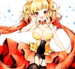  1girl :d black_legwear blonde_hair breasts cleavage detached_collar eyebrows_visible_through_hair fang garter_straps gradient_hair hand_up long_hair looking_at_viewer moi_(latte_art) multicolored_hair open_mouth orange_hair original personification red_eyes skirt sleeveless smile solo thigh-highs upper_body very_long_hair white_background 