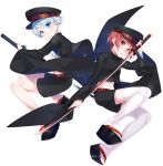  2girls alternate_costume alternate_hair_color bandaged_arm blue_eyes commentary_request geta hat highres kantai_collection katana long_sleeves multiple_girls nezumi_doshi open_mouth peaked_cap red_eyes redhead short_hair shorts sword thigh-highs weapon white_background white_hair white_legwear wide_sleeves z1_leberecht_maass_(kantai_collection) z3_max_schultz_(kantai_collection) 