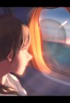  1girl airplane_interior brown_eyes brown_hair closed_mouth commentary hair_over_shoulder litra_(ltr0312) long_hair looking_out_window original pillarboxed portrait profile reflection sky solo sun sunlight sunset water window 
