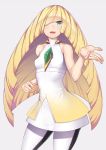  1girl bangs bare_shoulders blonde_hair breasts cowboy_shot dress green_eyes hair_over_one_eye long_hair looking_at_viewer lusamine_(pokemon) medium_breasts nagase_haruhito open_mouth pantyhose pokemon pokemon_(game) pokemon_sm short_dress simple_background sleeveless sleeveless_dress smile solo teeth very_long_hair white_dress white_legwear 