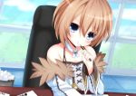  1girl bare_shoulders blanc blue_eyes blush brown_hair chair desk detached_sleeves eyebrows_visible_through_hair haru_blanc0316 holding holding_pen looking_at_viewer neptune_(series) open_mouth paper pen short_hair sitting solo trash_can 