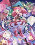  1girl blue_eyes boots bow bowtie cardfight!!_vanguard cat company_name cutie_paratrooper drill_hair facial_tattoo fireworks gloves hat long_hair official_art open_mouth pantyhose parasol pink_hair ponytail sky solo star tadokoro_teppei tattoo teeth twintails umbrella 