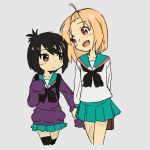  2girls a_channel artist_apprentice black_hair blonde_hair hand_holding ichii_tooru long_hair momoki_run multiple_girls open_mouth red_eyes school_uniform serafuku short_hair skirt sleeves_past_wrists thigh-highs 