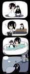  4koma :&gt; apron bathing bathtub bird black_bow black_bowtie black_hair blush bow bowl bowtie breasts bride brown_eyes cardboard_stand chibi closed_eyes closed_mouth collarbone comic cooking dreaming dress elbow_gloves fire frilled_apron frills frying_pan gloves grape-kun groom hand_holding headphones heart highres holding_towel humboldt_penguin_(kemono_friends) kemono_friends lying medium_breasts multicolored_hair naked_apron on_back partially_submerged penguin pink_hair profile qin ripples rock rubber_duck silent_comic sitting sleeping sleeveless sleeveless_dress smile standing strapless strapless_dress table topless tuxedo twitter_username two-tone_hair wedding_dress white_dress white_gloves zzz 