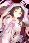  1girl black_hair breasts cleavage facial_mark fate/extra fate/extra_ccc fate_(series) forehead_mark highres horns large_breasts long_hair looking_at_viewer multicolored_hair navel sesshouin_kiara sideboob smile solo tomozero yellow_eyes 