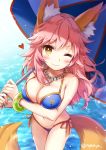  1girl animal_ears bangs bare_shoulders bikini blue_bikini blush breast_hold breasts brown_eyes closed_mouth collarbone eyebrows eyebrows_visible_through_hair fate/extra fate_(series) fox_ears fox_girl fox_tail holding holding_umbrella jewelry long_hair looking_at_viewer navel necklace nyanya one_eye_closed pink_hair smile solo swimsuit tail tamamo_(fate)_(all) tamamo_no_mae_(swimsuit_lancer)_(fate) umbrella watermark 