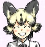  1girl ^_^ african_wild_dog_(kemono_friends) african_wild_dog_ears black_hair blonde_hair closed_eyes collared_shirt extra_ears grin highres kemono_friends multicolored_hair pink_background purin_musha shirt simple_background sketch smile solo two-tone_hair upper_body white_shirt wing_collar 