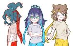  1girl 2boys brown_hair cowboy_shot crossed_arms dirty fubukihime geusaeng green_eyes green_hair high_ponytail kyuubi_(youkai_watch) looking_at_viewer multiple_boys one_eye_closed orochi_(youkai_watch) personification purple_hair simple_background smile white_background yellow_eyes youkai_watch 
