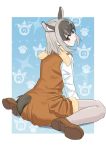  1girl animal_ears back fur_trim grey_eyes grey_hair guanaco_(kemono_friends) highres japari_symbol kemono_friends momosuke_(ishakry) scarf sitting solo tail thigh-highs white_background 