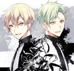  2boys alternate_hair_length alternate_hairstyle blonde_hair fang green_hair higekiri_(touken_ranbu) hizamaru_(touken_ranbu) kuroemon male_focus multiple_boys open_mouth short_hair smile touken_ranbu upper_body yellow_eyes 