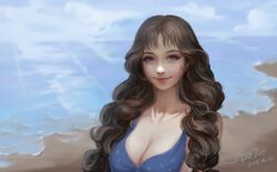  1girl 2016 artist_name bangs bare_arms bare_shoulders beach bikini blue_bikini blue_bikini_top blue_eyes breasts brown_hair cleavage closed_mouth clouds cloudy_sky collarbone dated highres large_breasts lips looking_at_viewer makeup mascara mole mole_under_eye ocean original outdoors pink_lips san_shou_san sky smile solo swimsuit upper_body water wavy_hair 