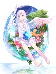  1girl angel_wings barefoot egg flower fuji_choko highres holding_egg looking_away original ribbon short_hair sitting smile solo tree white_hair white_ribbon wings 