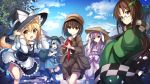  5girls :d ajirogasa animal_ears apron arm_garter backpack bag bangs blue_sky blush bow brown-framed_eyewear cabbie_hat cat_ears cat_tail checkered_scarf closed_mouth clouds day dress flat_cap forbidden_scrollery futatsuiwa_mamizou futatsuiwa_mamizou_(human) glasses hair_between_eyes hair_ornament hat hat_bow janne_cherry japanese_clothes juliet_sleeves kawashiro_nitori kemonomimi_mode kirisame_marisa leaf_hair_ornament leg_up long_sleeves looking_at_viewer multiple_girls open_mouth outdoors puffy_sleeves reisen_udongein_inaba sash scarf semi-rimless_glasses shameimaru_aya shorts sky smile standing suit_jacket tail touhou twintails under-rim_glasses waist_apron wide_sleeves witch_hat youkai_fox_(wild_and_horned_hermit) 