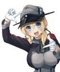  1girl blonde_hair blue_eyes breasts gloves hat highres kantai_collection large_breasts long_hair looking_at_viewer prinz_eugen_(kantai_collection) simple_background sinensian smile solo white_background white_gloves 