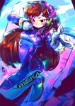  1girl andrea_cofrancesco bangs bodysuit breasts brown_eyes brown_hair clenched_hand d.va_(overwatch) facepaint facial_mark finger_gun long_hair neon_trim overwatch pilot_suit ribbed_bodysuit shoulder_pads small_breasts solo swept_bangs whisker_markings 