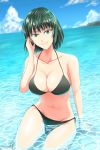  1girl beach bikini black_bikini breasts collarbone day fubuki_(one-punch_man) green_eyes green_hair hand_on_own_face large_breasts mamiya_myanmar navel one-punch_man outdoors partially_submerged sitting smile solo swimsuit water 