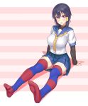  1girl :o arm_support black_hair breasts feet full_body hair_tubes horizontal-striped_background komori-san_wa_kotowarenai! komori_shuri large_breasts looking_at_viewer no_shoes pleated_skirt red_eyes school_uniform serafuku sitting skirt solo striped striped_legwear thigh-highs undershirt yuuji_(and) 