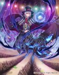  1boy blue_eyes capelet cardfight!!_vanguard company_name fire hat male_focus nightmare_summoner_raqiel official_art one_eye_closed pointy_ears purple_hair solo terumii 