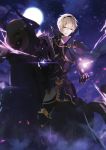  1boy armor armored_boots blonde_hair blood blood_on_face book boots brynhildr_(tome) capelet fire_emblem fire_emblem_heroes fire_emblem_if hairband highres horns horse leon_(fire_emblem_if) male_focus moon night night_sky red_eyes sky solo star_(sky) uwro 