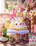  1girl apron biscuit bow cake candy candy_hair_ornament cardfight!!_vanguard checkered checkered_legwear company_name doll doll_joints dress drill_hair facial_tattoo food food_themed_hair_ornament goblin goggles green_eyes hair_ornament hat heart lolita_fashion long_hair nightmare_doll_dory official_art open_mouth pantyhose petticoat pink_hair pointy_ears solo tadokoro_teppei tattoo twintails window 