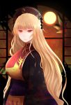  1girl arano_oki bangs black_dress blonde_hair breasts chinese_clothes closed_mouth crescent dress expressionless from_side hat junko_(touhou) large_breasts long_hair long_sleeves looking_at_viewer looking_to_the_side red_eyes sash solo sun tabard touhou very_long_hair wide_sleeves 
