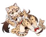  &gt;_&lt; 1girl animal_ears blonde_hair blush boots bow bowtie brown_hair cat_ears closed_eyes fangs full_body geoffroy&#039;s_cat geoffroy&#039;s_cat_(kemono_friends) gradient_legwear hair_bow itukitasuku kemono_friends long_hair long_sleeves multicolored_hair open_mouth skirt smile striped_tail suspenders tail thigh-highs twintails 