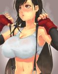  1girl black_hair blush breasts cleavage elbow_gloves final_fantasy final_fantasy_vii fingerless_gloves gloves hot huge_breasts impossible_clothes impossible_shirt lips long_hair navel parted_lips red_eyes shirt solo suspenders sweat sweat_stain taut_clothes taut_shirt tifa_lockhart very_long_hair wet_clothes yuuji_(and) 
