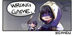  1koma 2boys alfonse_(fire_emblem) arm_up armor artist_name black_hair blue_hair cape comic english fire_emblem fire_emblem_heroes hood ikeimen male_focus multiple_boys shaded_face short_hair squinting summoner_(fire_emblem_heroes) sweat 