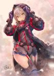  1girl blue_gloves blue_legwear blurry blush breastplate coat commentary_request cowboy_shot dai_(eiji0417) depth_of_field eyebrows_visible_through_hair fate/grand_order fate_(series) garter_straps gloves grey_leotard hair_between_eyes hands_up heroine_x heroine_x_(alter) highres hood_up hooded_coat looking_at_viewer open_clothes open_coat parted_lips petals saber sidelocks signature silver_hair solo thigh-highs thighs yellow_eyes 
