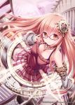  1girl aircraft airplane akkijin gauntlets glasses hair_ornament hand_on_glasses hoop hula_hoop jewelry magic_circle necklace orange_eyes pink_hair science_fiction shinkai_no_valkyrie smile solo space_craft thigh-highs 