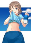  1girl armband blue_bra blue_eyes blue_pants blue_sky blush bottle bra brown_hair clouds highres looking_at_viewer love_live! love_live!_sunshine!! midriff nanotsuki navel one_eye_closed pants shirt_lift short_hair sky sweat underwear watanabe_you water_bottle wiping_sweat 