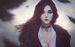  1girl artist_name black_choker black_hair breasts choker cleavage collarbone hair_over_one_eye highres jewelry large_breasts lips long_hair mole mole_under_mouth parted_lips pendant pentagram raikoart red_lips revision solo the_witcher the_witcher_3 upper_body violet_eyes wallpaper wing_collar yennefer 