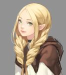  1girl blonde_hair braid choker closed_mouth dungeon_meshi elf eyelashes facing_viewer fasces green_eyes grey_background hair_over_shoulder hood hood_down lips long_hair looking_at_viewer marushiru pointy_ears simple_background sketch smile solo twin_braids twintails upper_body 