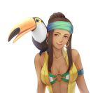  1girl bird bracelet breasts brown_hair coco_(kof) commentary dark_skin earrings headband highres hoop_earrings jewelry kthovhinao_virmi long_hair ponytail snk the_king_of_fighters the_king_of_fighters_xiv toucan zarina 