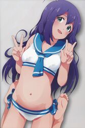  1girl :d ahoge barefoot bikini blush double_v feet green_eyes highres idolmaster idolmaster_million_live! kabayaki_unagi long_hair mochizuki_anna navel open_mouth purple_hair sailor_bikini sailor_collar sailor_swimsuit_(idolmaster) scan smile soles solo swimsuit toes v very_long_hair wet wet_hair white_bikini 