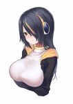  1girl :/ black_hair blush breasts closed_mouth emperor_penguin_(kemono_friends) from_side hair_over_one_eye headphones highres kemono_friends large_breasts long_hair looking_away multicolored_hair nose_blush orange_hair shou_xun_bu_liang simple_background solo streaked_hair turtleneck upper_body white_background yellow_eyes 