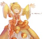  1girl \o/ ^_^ aku_no_musume_(vocaloid) arms_up blonde_hair bow choker closed_eyes dress evillious_nendaiki frilled_dress frilled_sleeves frills hair_bow hair_ornament hairclip kagamine_rin open_mouth outstretched_arms pastry renu_(ashuorange) riliane_lucifen_d&#039;autriche smile solo translated updo very_long_sleeves vocaloid yellow_dress 