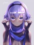  1girl artist_name assassin_(fate/prototype_fragments) bare_shoulders bespectacled black_gloves dark_skin fate/prototype fate/prototype:_fragments_of_blue_and_silver fate_(series) fingerless_gloves glasses glasses_removed gloves hairband holding holding_glasses kousaki_rui looking_at_viewer open_mouth purple_hair scarf short_hair signature simple_background solo violet_eyes 
