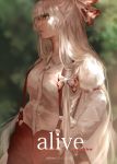  1girl arm_garter blurry bow breasts closed_mouth cover cover_page cowboy_shot dappled_sunlight day depth_of_field doujin_cover from_side fujiwara_no_mokou hair_bow hands_in_pockets juliet_sleeves long_hair long_sleeves looking_away medium_breasts puffy_sleeves red_eyes shirt silver_hair solo sunlight suspenders touhou touya_(tottoo-to) very_long_hair white_bow white_shirt 
