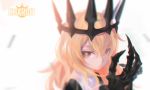  1girl black_rock_shooter blonde_hair blurry brown_eyes character_name chariot_(black_rock_shooter) claws closed_mouth crown depth_of_field english hair_between_eyes litra_(ltr0312) long_hair looking_at_viewer solo upper_body white_background 
