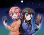  2girls animal_print back-to-back bangs bat_hair_ornament bat_print black_shirt blue_dress blue_eyes blunt_bangs book brown_hair cardigan crossover dress fang gabriel_dropout grimoire hair_ornament hair_rings holding holding_book juliet_sleeves kurosu_aroma kurumizawa_satanichia_mcdowell long_hair long_sleeves moon multiple_girls necktie night night_sky notebook open_mouth pripara puffy_sleeves red_eyes redhead school_uniform shirt short_hair sky smile smirk star starry_background strt trait_connection 