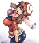  &gt;:d 1girl :d amania_orz arched_back ass bandanna bangs belt_pouch bike_shorts blue_eyes blush breasts brown_hair cleavage collarbone cowboy_shot dated from_side gloves haruka_(pokemon) large_breasts long_hair looking_at_viewer looking_to_the_side open_mouth outstretched_arms pokemon pokemon_(anime) pokemon_(game) pokemon_rse red_shirt shirt short_sleeves smile solo spread_arms twitter_username 