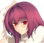  1girl blush close-up closed_mouth eyebrows_visible_through_hair face fate/grand_order fate_(series) harukon_(halcon) long_hair long_sleeves looking_at_viewer portrait purple_hair red_eyes ribbed_sweater scathach_(fate/grand_order) shiny shiny_skin simple_background smile solo sweater turtleneck turtleneck_sweater white_background 