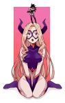  2girls belt black_hair blonde_hair bodysuit boku_no_hero_academia breasts dominatrix domino_mask drill_hair full_body garter_belt giantess horns long_hair mask midnight_(boku_no_hero_academia) mount_lady multiple_girls open_mouth rope seiza simple_background sitting superhero thigh-highs violet_eyes white_background 