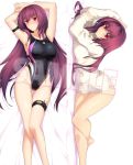  1girl armlet bare_shoulders bed_sheet blush breasts closed_mouth competition_swimsuit dakimakura embarrassed fate/grand_order fate_(series) from_above full_body gluteal_fold groin harukon_(halcon) kunai large_breasts legs long_hair looking_at_viewer lying multiple_views naked_sweater on_back one-piece_swimsuit purple_hair red_eyes ribbed_sweater sample scathach_(fate/grand_order) shiny shiny_skin simple_background skindentation sweater swimsuit thigh_gap thigh_strap thighs turtleneck turtleneck_sweater very_long_hair weapon white_background white_sweater 