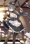  1girl aiming_at_viewer apron black_legwear blue_eyes breasts cleavage cleavage_cutout corset detached_sleeves dual_wielding flower frills garters glint grey_hair gun hairband handgun heterochromia highres indoors large_breasts lolita_hairband long_hair looking_at_viewer open_mouth petals risa_(valkyrie_connect) solo sukja thigh-highs thigh_strap valkyrie_connect very_long_hair violet_eyes waist_apron weapon 