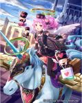  1girl bag black_spark_munkar cardfight!!_vanguard copyright curly_hair day feathered_wings fingerless_gloves gloves hair_ornament hat heart_hair_ornament long_hair mechanical_halo official_art open_mouth pink_hair red_eyes side_ponytail sky solo syringe tadokoro_teppei teeth unicorn wings 